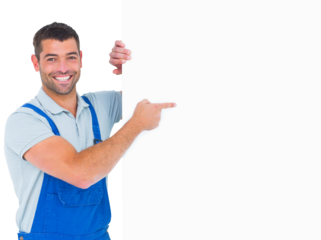 Repairman in overalls pointing at placard