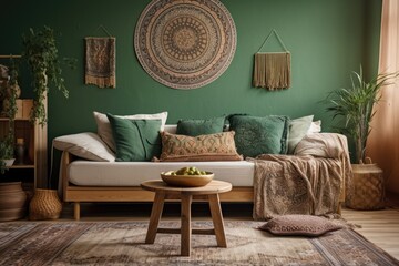 Green comfy couch with pillows against beige copy space wall in living room. Antique wooden coffee table with Tibetan singing bowls against couch in comfortable hygge apartment. Generative AI