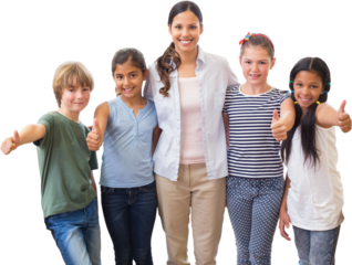 Cute pupils and teacher smiling at camera in computer class 
