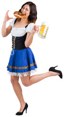 Pretty oktoberfest girl holding beer tankard and pretzel