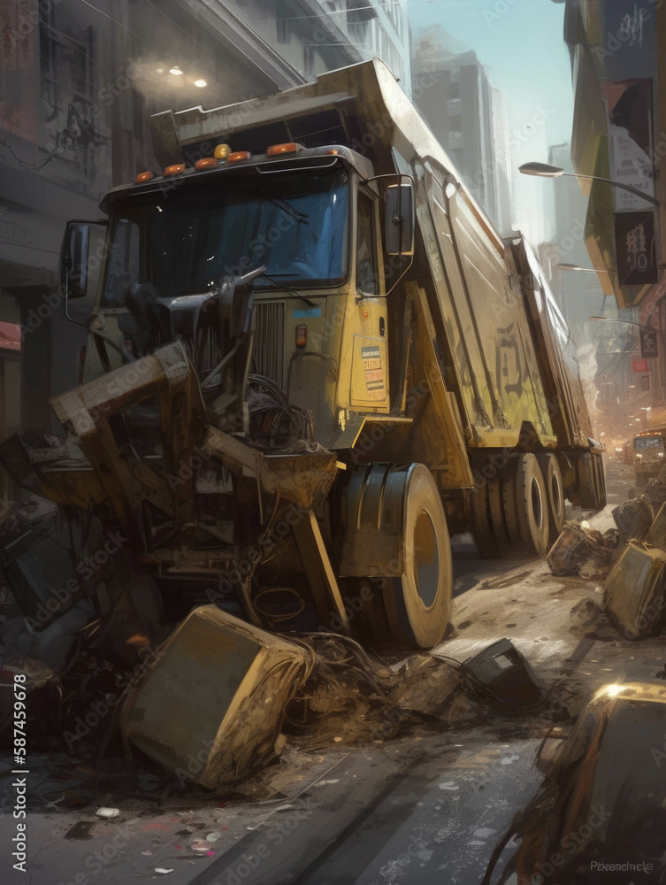 Poster garbage trucks their metal claws grabbing and crushing whatever they can.. ai generation.