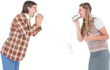 Geeky hipsters using string phone 