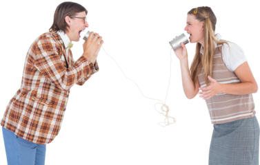 Geeky hipsters using string phone 