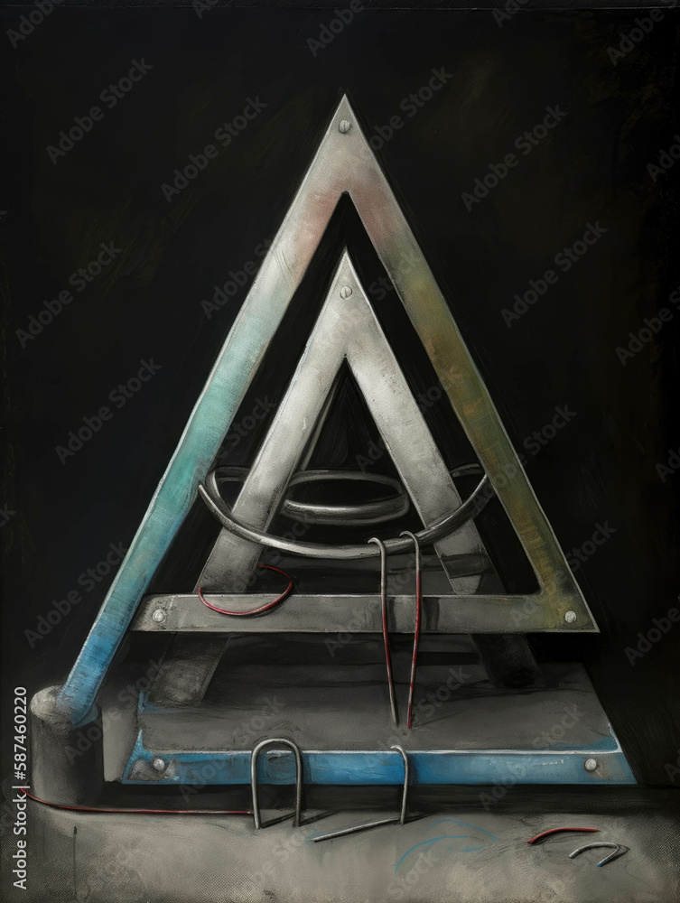 Poster three nuts and bolts connected together in a triangle with an inverted pyramid drawn in chalk behind