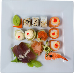 Close up of seafood and sushi served in plate