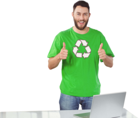 Portrait of happy man in recycling symbol tshirt showing thumbs up 