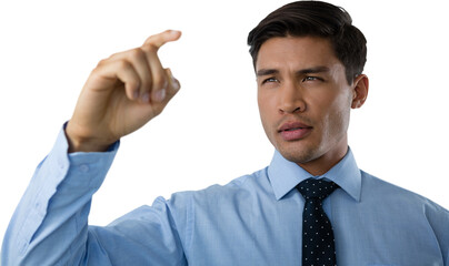 Close up of young businessman touching interface screen