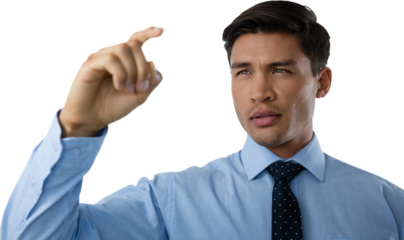 Close up of young businessman touching interface screen