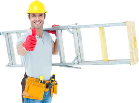 Worker carrying step ladder while showing thumbs up