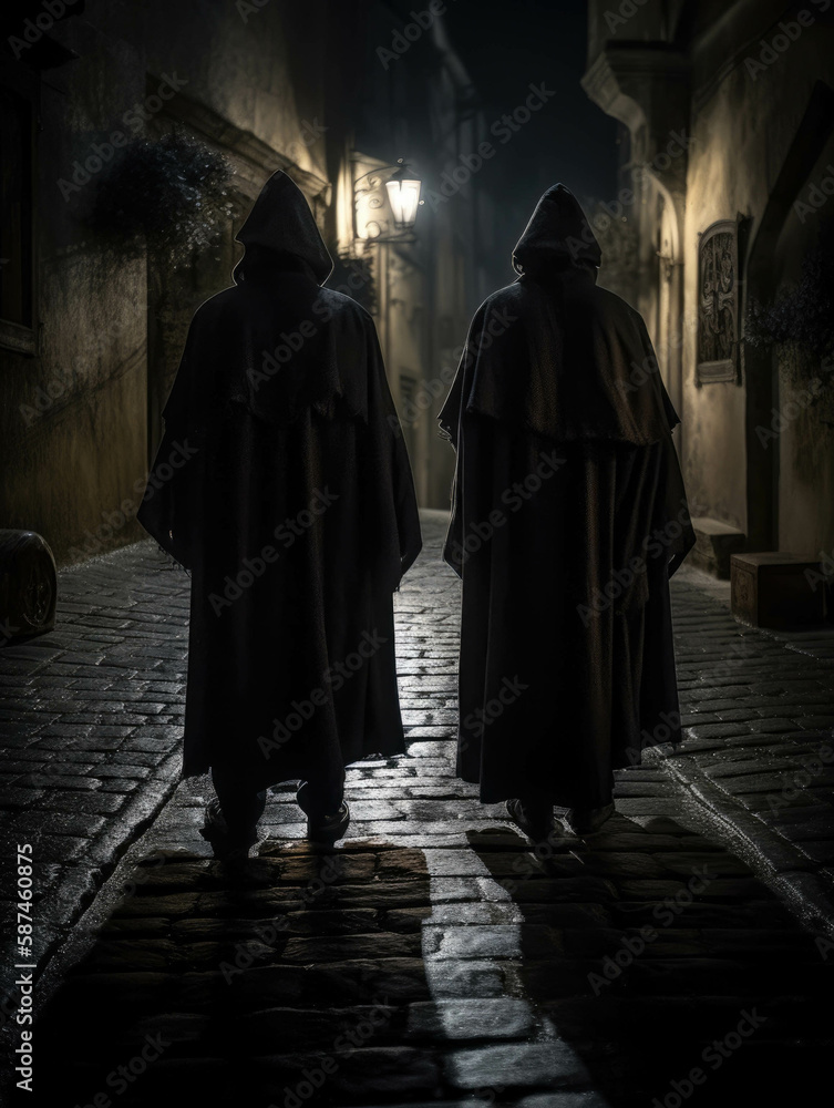 Poster cloaked figures stand at the crossroads of two cobblestone paths the darkness their only shield from