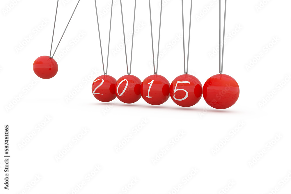 Poster digital composite image of red newtons cradle with 2015