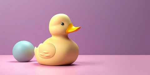 Cute toy duck figure isolated on pastel background. Copy space. Generative AI