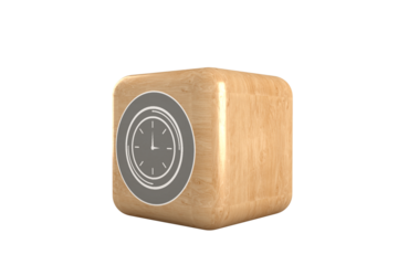 Computer graphic image of clock icon on brown cube
