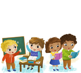 cartoon child kid boy and girl pupils going to school learning solving tasks on the blackboard childhood illustration for children