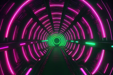 Science fiction tunnel with glowing green pink lights wallpaper background. Generative Ai