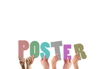 Colorful alphabet spelling poster held up by people 