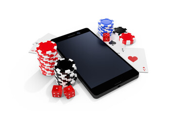Fototapeta premium Mobile phone with playing cards and casino tokens