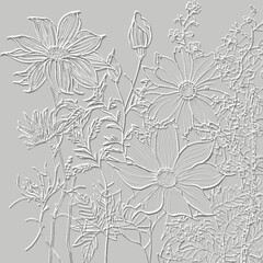 3d floral emboss lines pattern. Textured beautiful embossed flowers relief background. White 3d backdrop. Surface line art leaves. 3d light flowers endless ornaments with embossing effect. Element
