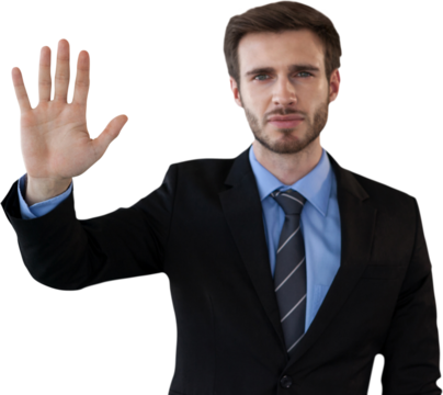 Businessman in suit touching invisible interface