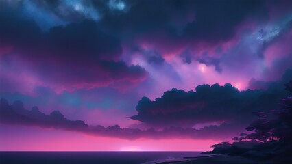 Fototapeta na wymiar Evening dark landscape with sakura on the seashore