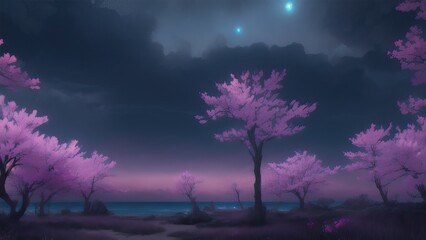 Obraz na płótnie Canvas Evening dark landscape with sakura on the seashore