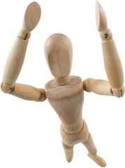 3d image of wooden figurine with arms raised standing 