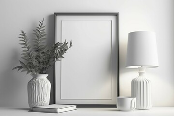 Empty vertical frame mockup in modern minimalist interior design with plant in trendy vase, lamp and book on white wall background. Template for artwork, painting or poster, Generative AI