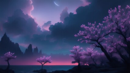 Obraz na płótnie Canvas Evening dark landscape with sakura on the seashore