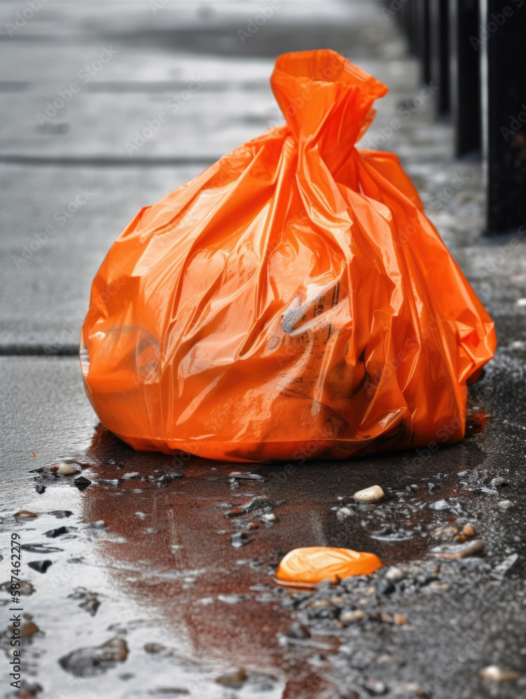 Poster a sharp tear in an orange trash bag spilling its contents out onto the pavement.. ai generation.