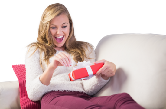 Pretty blonde opening a gift