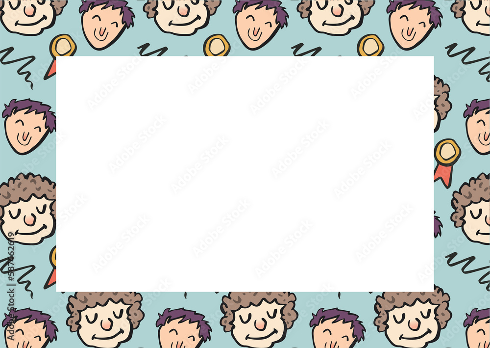 Poster Digitally generated image of various faces printed on picture frame border 