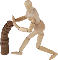 3d image of wooden figurine preventing coin stack from falling 