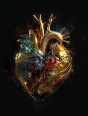 A metallic heart p in a person’s chest merging humanity and technologic advancement.. AI generation.