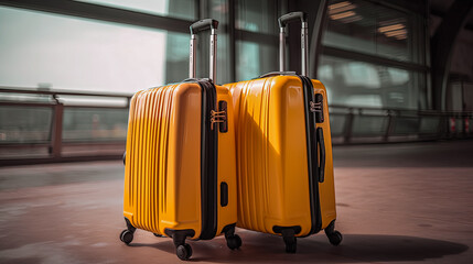 Closeup of group of yellow luggage with the blurred of the airport terminal background. Generative AI