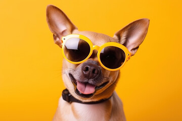 Close-up shot of a cute little smiling dog wearing sunglasses on a yellow background, created with Generative AI.