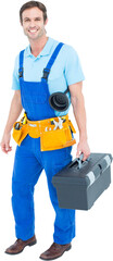 Happy plumber carrying tool box