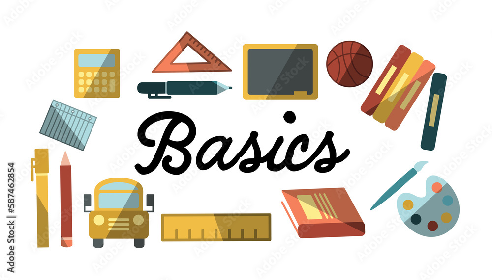 Poster basics text surrounded by various colorful vector icons