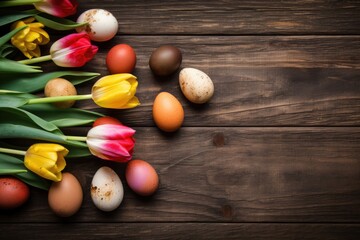Naklejka premium Easter-themed still life with eggs and tulips on a rustic wooden table. Generative AI
