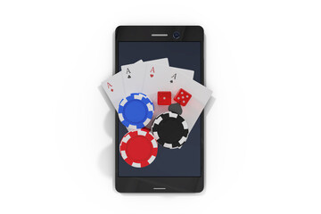 Naklejka premium Overhead view of mobile phone with casino tokens and playing cards