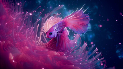 Betta fish in galaxies with stars, nebulae and spirals. Fantasy background. Pink Ballerina betta fish. Generative AI