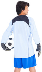 Rear view of goalkeeper holding ball