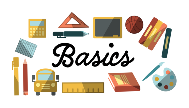 Basics text surrounded by various colorful vector icons