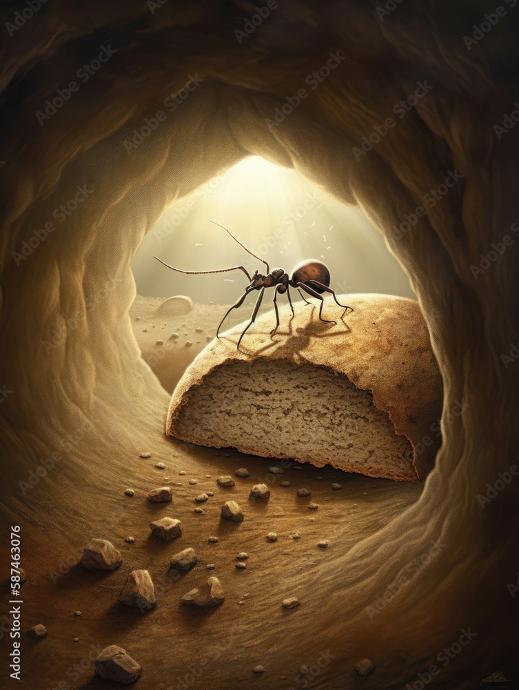 Poster an ant carrying a piece of bread through a tunnel in a mysterious mound of earth.. ai generation.