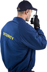 Rear view of focused security officer talking on walkie talkie