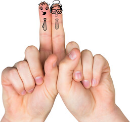 Digital anthropomorphic smiley faces on fingers against white background