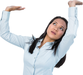 Worried businesswoman pushing something up