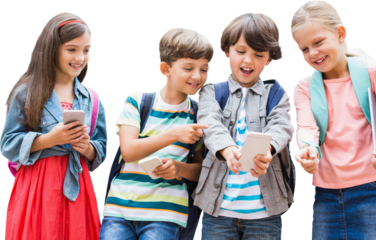 Boy with friends using mobile phone