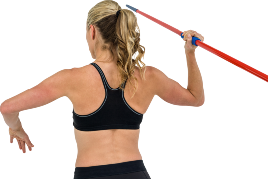 Rear view of woman holding javelin - Powered by Adobe