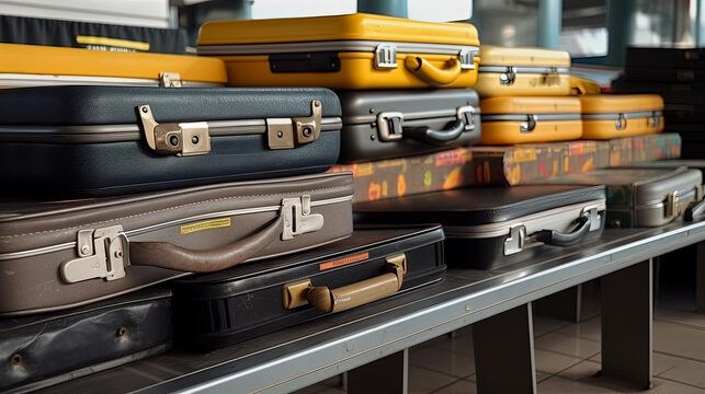 Different Suitcases on luggage conveyor, claim area at airport terminal. Generative AI
