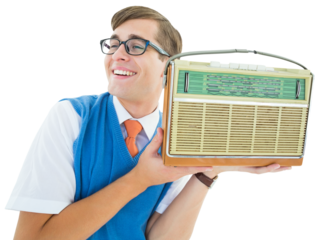 Geeky hipster listening to retro radio